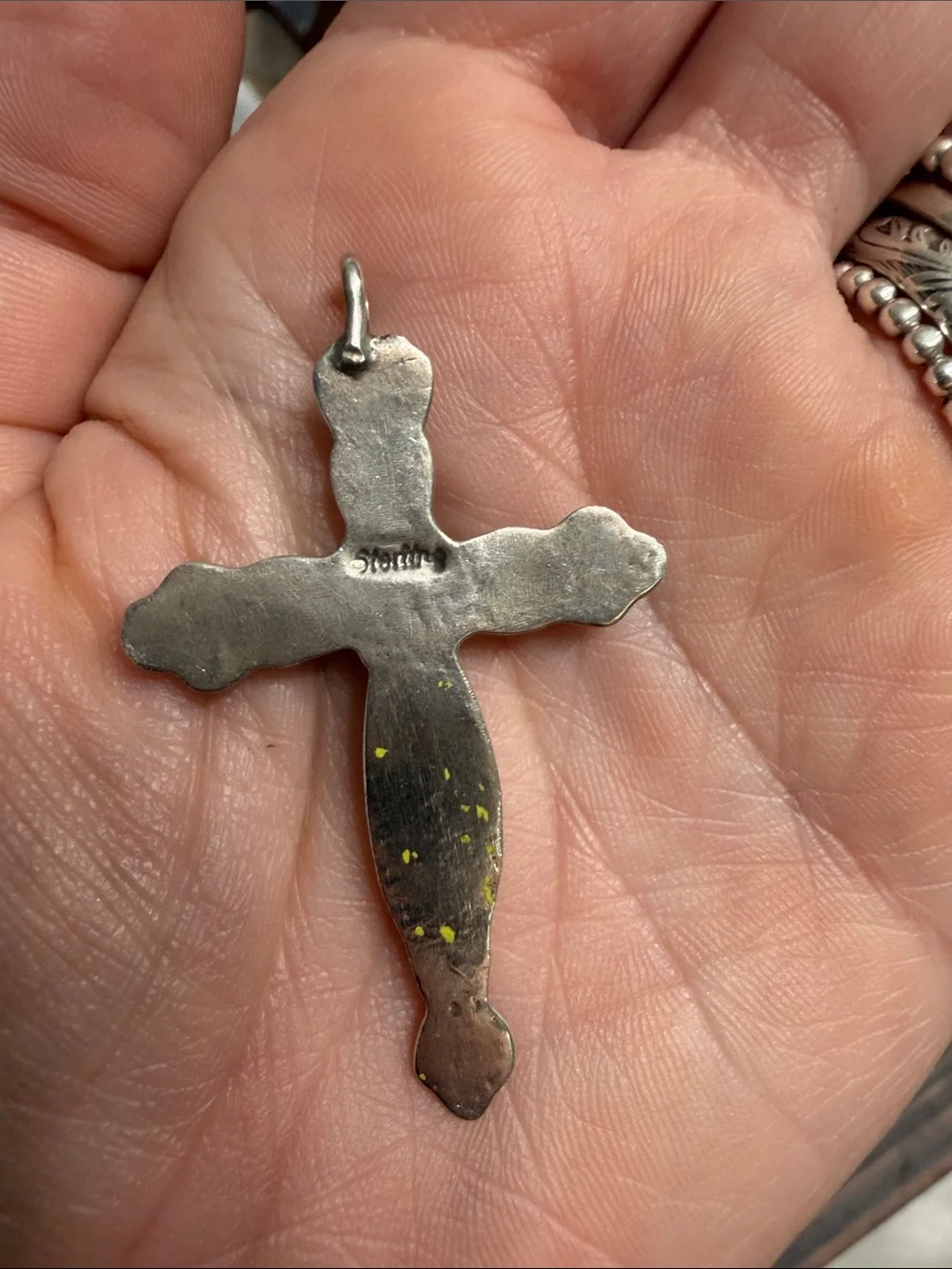 Sterling Silver Hand Stamped Cross Pendant with Turquoise Center